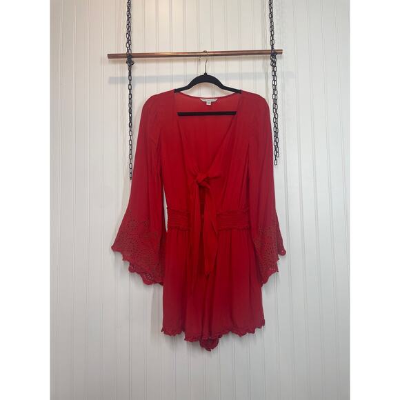 American Eagle Red Romper Tie Front Cut Out Bell Sleeve Smocked Ruffle Size M - Picture 2 of 8